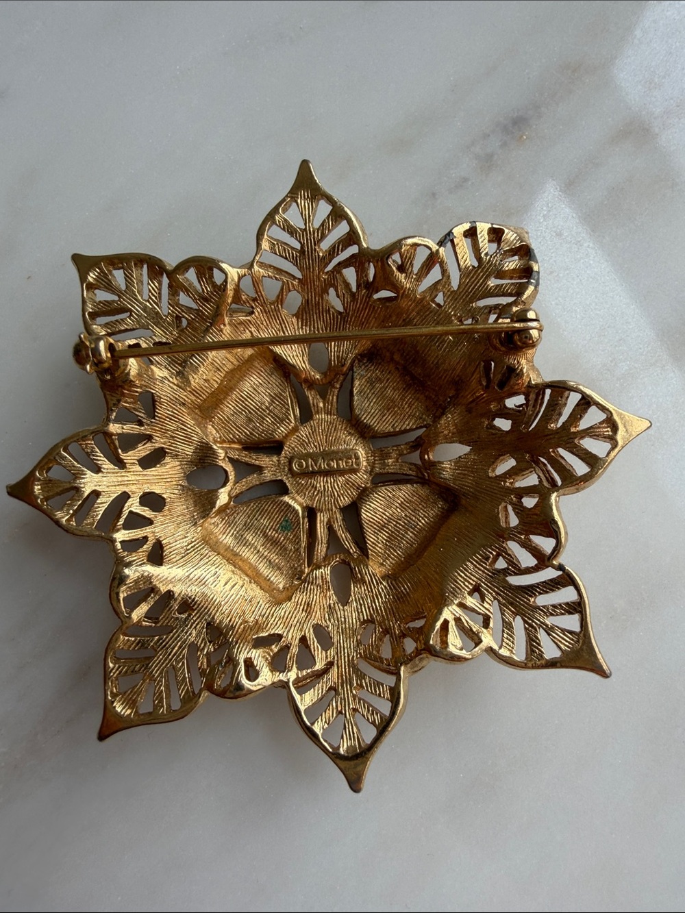 Vintage Monet Gold-Tone Floral Brooch with Green Enamel Petals- Victorian - Picture 3 of 4